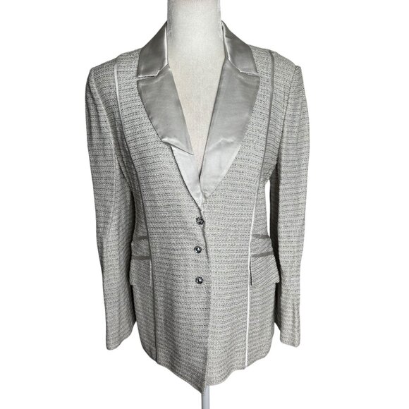 Vintage St John Evening Metallic Blazer 8 Silver Grey Satin Lapel Buttons Pocket - Picture 1 of 7